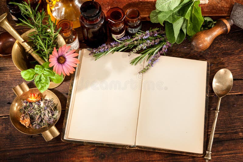 The natural medicine, herbal, medicines and old book with copy space for your text. The natural medicine, herbal, medicines and old book with copy space for your text