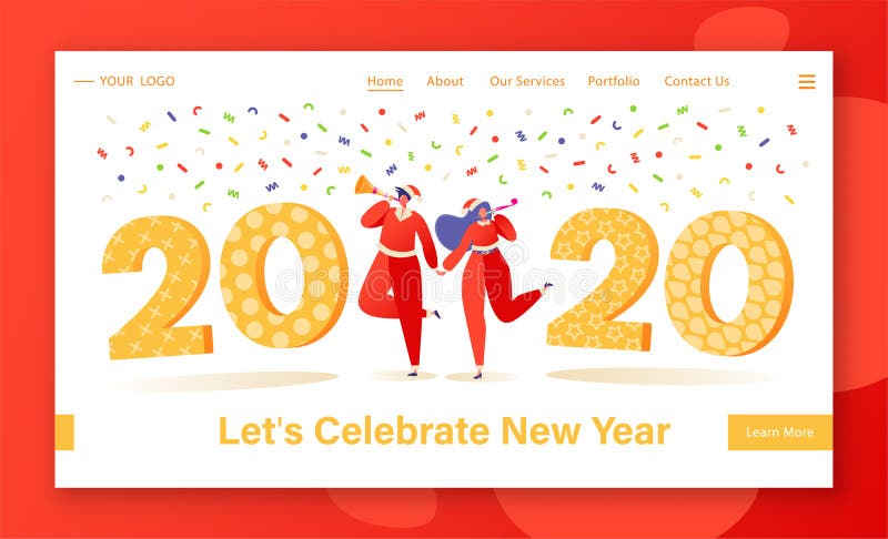 New Year celebration concept for website or landing page with dancing people characters. 2020 numbers and confetti on background. Flat cartoon Illustration for web page design on winter holiday theme. New Year celebration concept for website or landing page with dancing people characters. 2020 numbers and confetti on background. Flat cartoon Illustration for web page design on winter holiday theme.