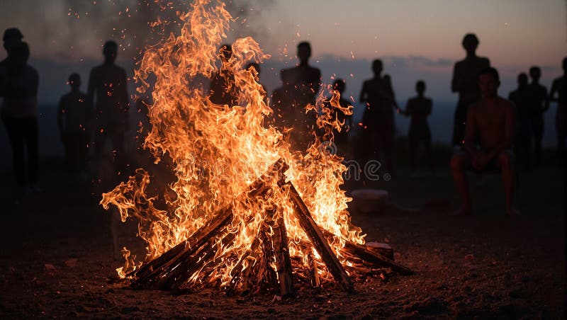 ιερή πυρκαγιά στον εθιμοτυπικό χώρο με ανθρώπους συγκεντρωμένους γύρω απεικόνιση αποθεμάτων