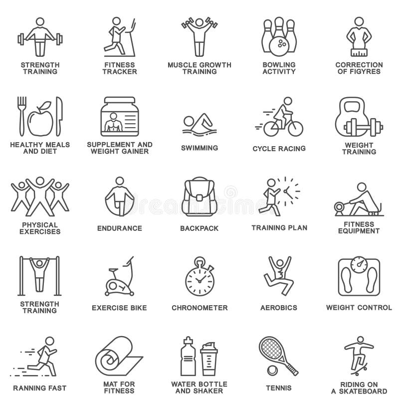 Modern icons set of fitness, exercise, gym equipment, sports, activity, recreation, nutrition. The thin contour lines. Modern icons set of fitness, exercise, gym equipment, sports, activity, recreation, nutrition. The thin contour lines.