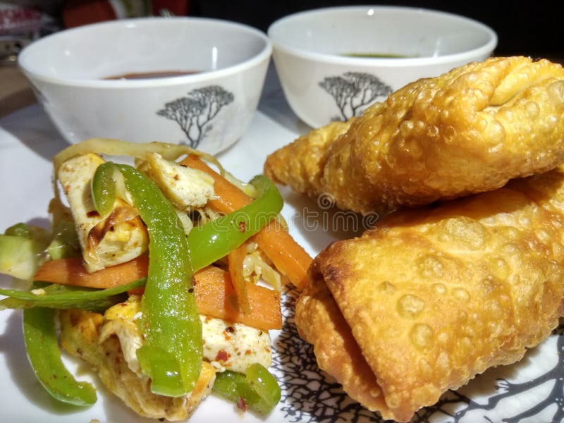 Ινδικός ρόλος πρόχειρων φαγητών paneer με το πράσινο & κόκκινο souce και την τηγανισμένη σαλάτα στοκ εικόνες Ινδικός ρόλος πρόχειρων φαγητών paneer με το πράσινο & κόκκινο souce και την τηγανισμένη σαλάτα στοκ εικόνες