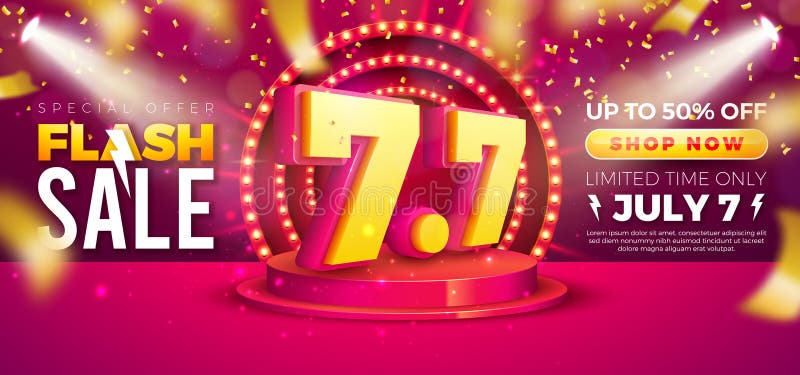 7 Ιουλίου Αγορά Σχεδιασμός γρήγορης πώλησης με 3d 77 λαμπτήρες πολυστρωματικού αριθμού και βάθρο σε κόκκινο ελεύθερη απεικόνιση δικαιώματος