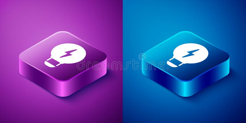 Isometric Creative lamp light idea icon isolated on blue and purple background. Concept ideas inspiration, invention, effective thinking, knowledge and education. Square button. Vector. Isometric Creative lamp light idea icon isolated on blue and purple background. Concept ideas inspiration, invention, effective thinking, knowledge and education. Square button. Vector.