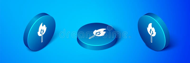 Isometric Burning match with fire icon isolated on blue background. Match with fire. Matches sign. Blue circle button. Vector. Isometric Burning match with fire icon isolated on blue background. Match with fire. Matches sign. Blue circle button. Vector.