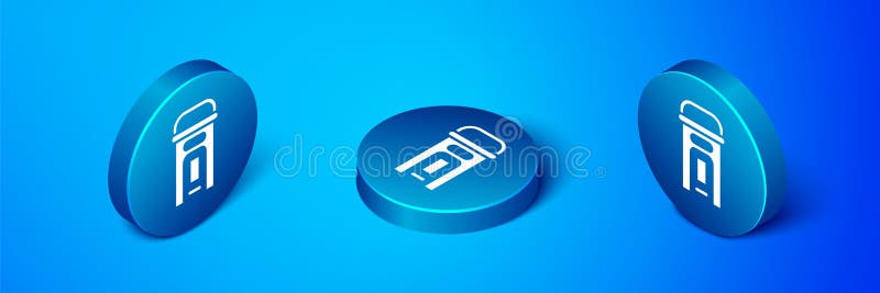 ισομετρικό εικονίδιο τηλεφωνικού θαλάμου του λονδίνου απομονωμένο σε μπλε φόντο. κλασικό αγγλικό τηλέφωνο στο λονδίνο. αγγλικό τηλ ελεύθερη απεικόνιση δικαιώματος