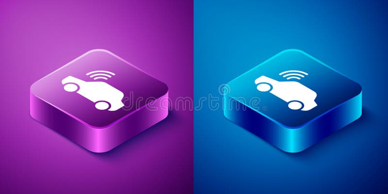 Isometric Smart car system with wireless connection icon isolated on blue and purple background. Remote car control. Square button. Vector. Isometric Smart car system with wireless connection icon isolated on blue and purple background. Remote car control. Square button. Vector.