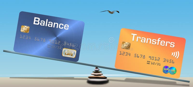 Credit card balances and balance transfers are illustrated with credit cards on a seesaw. Credit card balances and balance transfers are illustrated with credit cards on a seesaw