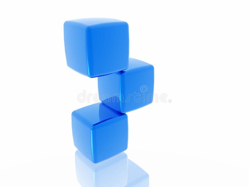 3d illustration of stack of balancing blue cubes reflected on white background with copy space. 3d illustration of stack of balancing blue cubes reflected on white background with copy space.