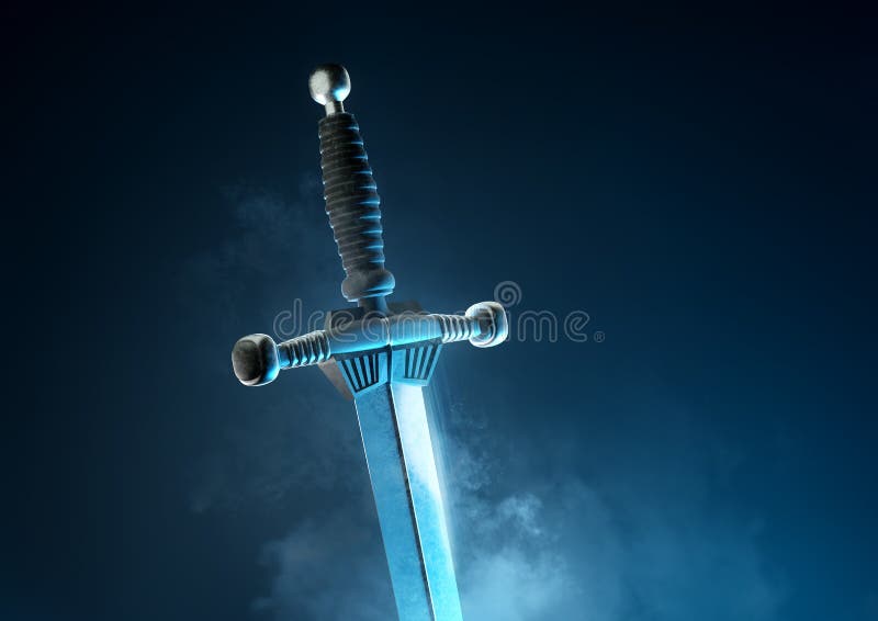 A powerful and mythical ancient silver battle sword. 3D illustration. A powerful and mythical ancient silver battle sword. 3D illustration