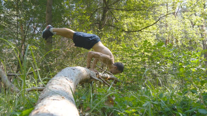 Ισχυρό μυϊκό άτομο που κάνει ένα handstand σε έναν δασικό μυϊκό αρσενικό τύπο ικανότητας που κάνει τις ακροβατικές επιδείξεις στο στοκ φωτογραφίες Ισχυρό μυϊκό άτομο που κάνει ένα handstand σε έναν δασικό μυϊκό αρσενικό τύπο ικανότητας που κάνει τις ακροβατικές επιδείξεις στο στοκ φωτογραφίες