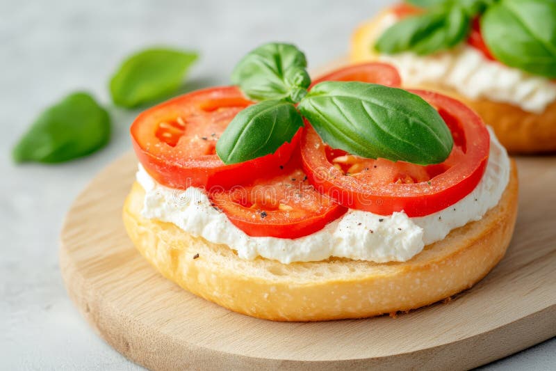 Ιταλικό bruschetta με φρέσκια βασιλική ντομάτα και κρεμώδες τυρί σε τραγανό ψωμί σερβίρεται ως γκουρμέ Μεσογειακό ορεκτικό στο ελεύθερη απεικόνιση δικαιώματος