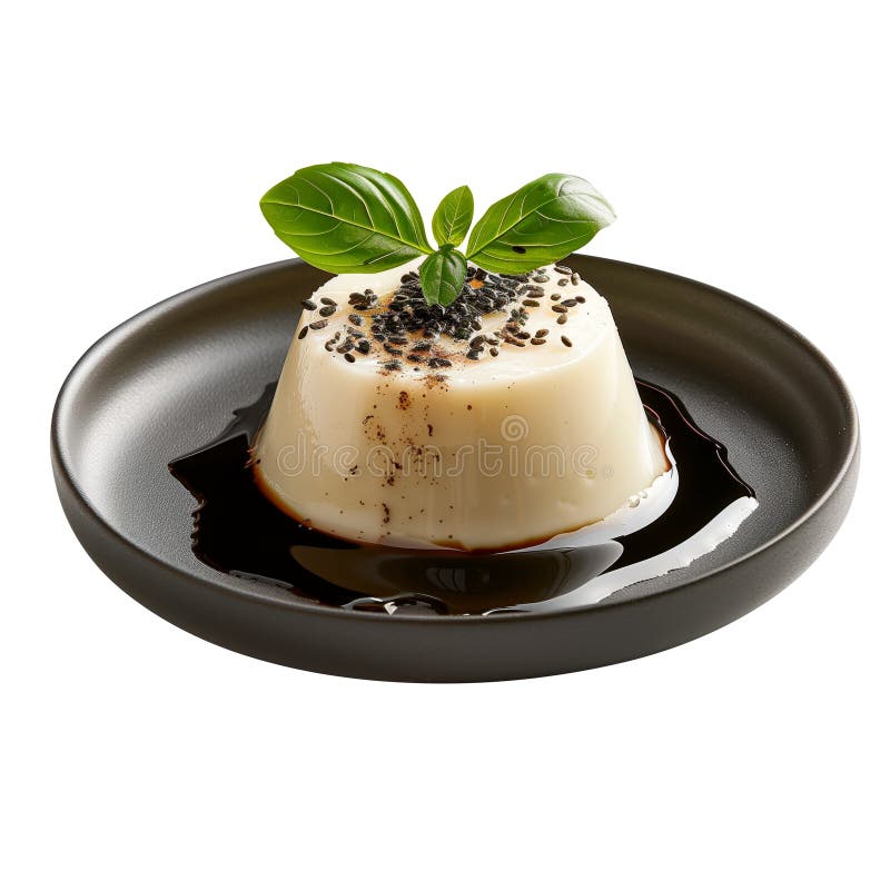 Ιταλικό panna cotta με βαλσαμικό γυαλί και μαύρο sesame single σε διαφανές φόντο. Κρεμώδες άγευστο επιδόρπιο στοκ φωτογραφίες με δικαίωμα ελεύθερης χρήσης