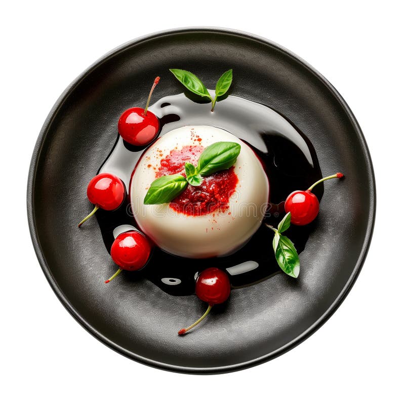 Ιταλικό panna cotta με σάλτσα κεράσι και βασιλικό απομονωμένο σε διαφανές φόντο. Κρεμώδες επιδόρπιο με ολόκληρο στοκ εικόνα με δικαίωμα ελεύθερης χρήσης