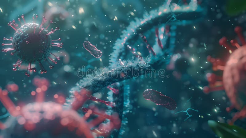ιός κορόνας και διπλή ελικοειδής dna σε φόντο θολώματος όπως η προβολή μακροσκοπίας μικροσκοπίου απεικόνιση αποθεμάτων