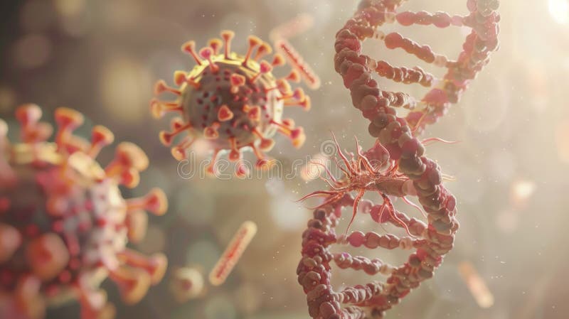 ιός κορόνας και διπλή ελικοειδής dna σε φόντο θολώματος όπως η προβολή μακροσκοπίας μικροσκοπίου απεικόνιση αποθεμάτων