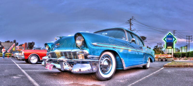 Classic American car of the 1950s and 60s , a 2 tone blue Chevy on display at car show in Melbourne Australia. Classic American car of the 1950s and 60s , a 2 tone blue Chevy on display at car show in Melbourne Australia