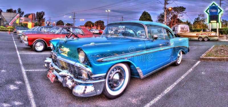 Classic American car of the 1950s and 60s , a 2 tone blue Chevy on display at car show in Melbourne Australia. Classic American car of the 1950s and 60s , a 2 tone blue Chevy on display at car show in Melbourne Australia