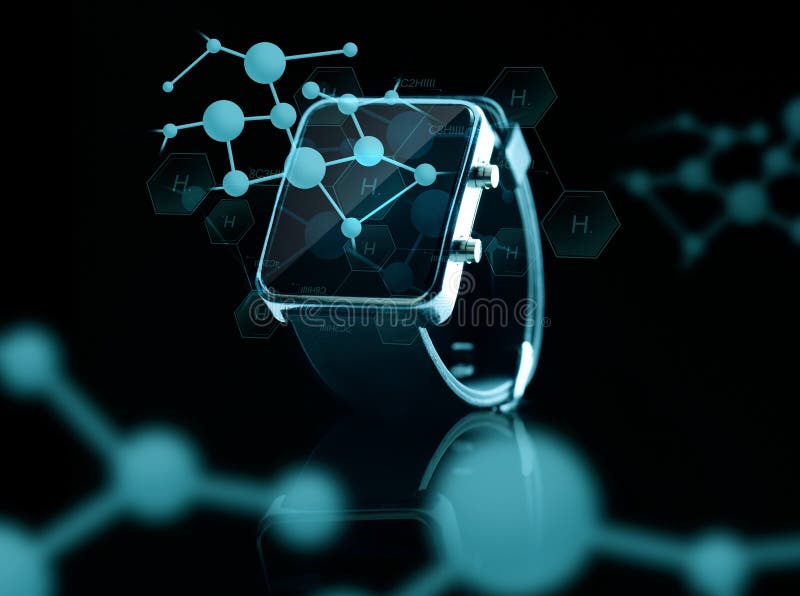 Modern technology, science, biology and object concept - close up of black smart watch over hydrogen molecular projections. Modern technology, science, biology and object concept - close up of black smart watch over hydrogen molecular projections