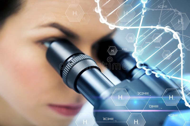 Science, chemistry, technology, biology and people concept - close up of female scientist looking to microscope in clinical laboratory over hydrogen chemical formula and dna molecule structure. Science, chemistry, technology, biology and people concept - close up of female scientist looking to microscope in clinical laboratory over hydrogen chemical formula and dna molecule structure