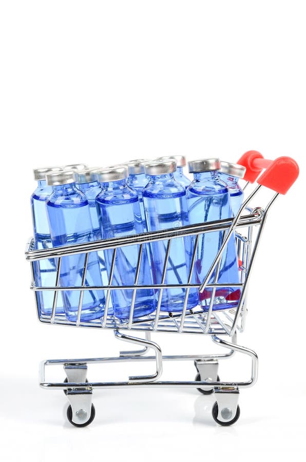 Shopping cart and vials on white background. Shopping cart and vials on white background