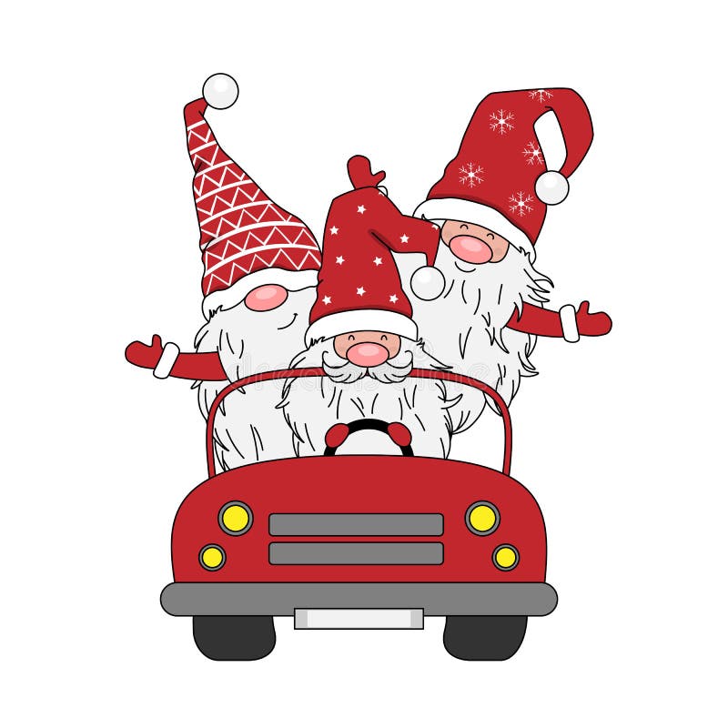 Christmas card. Three gnomes in a car. Isolated vector. Christmas card. Three gnomes in a car. Isolated vector