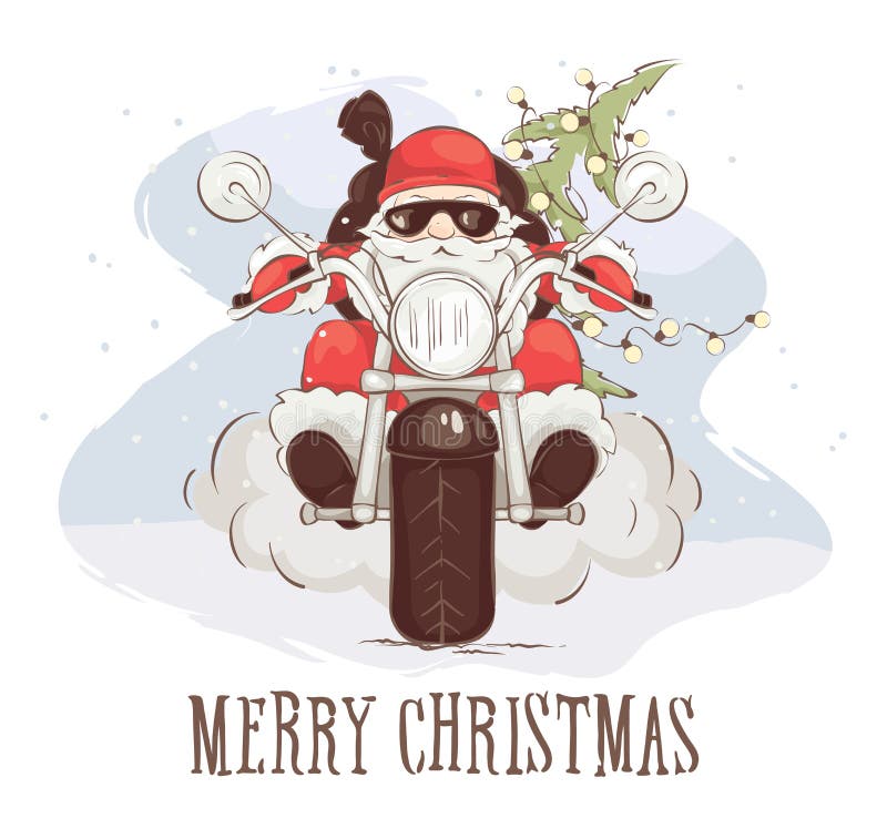 Vector illustration, Santa Claus on chopper with gifts and trees. Vector illustration, Santa Claus on chopper with gifts and trees