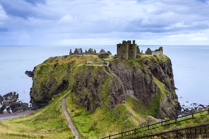 Dunnottar Castle is a ruined medieval fortress located upon a rocky headland on the north-east coast of Scotland, about 3 kilometres (1.9 mi) south of Stonehaven. The surviving buildings are largely of the 15th and 16th centuries, but the site is believed to have been fortified in the Early Middle Ages. Dunnottar has played a prominent role in the history of Scotland through to the 18th-century. Dunnottar Castle is a ruined medieval fortress located upon a rocky headland on the north-east coast of Scotland, about 3 kilometres (1.9 mi) south of Stonehaven. The surviving buildings are largely of the 15th and 16th centuries, but the site is believed to have been fortified in the Early Middle Ages. Dunnottar has played a prominent role in the history of Scotland through to the 18th-century.