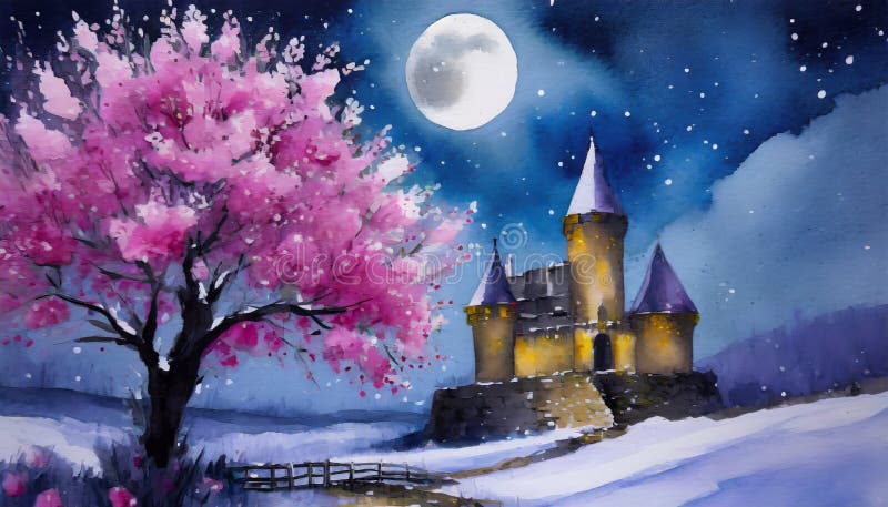 castle with flowering trees at full moon suitable as background or cover. castle with flowering trees at full moon suitable as background or cover