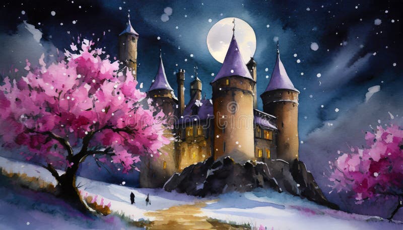 castle with flowering trees at full moon suitable as background or cover. castle with flowering trees at full moon suitable as background or cover