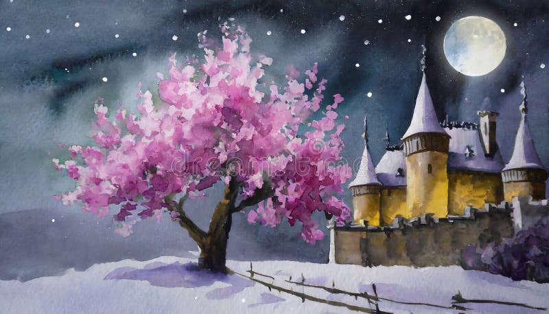 castle with flowering trees at full moon suitable as background or cover. castle with flowering trees at full moon suitable as background or cover