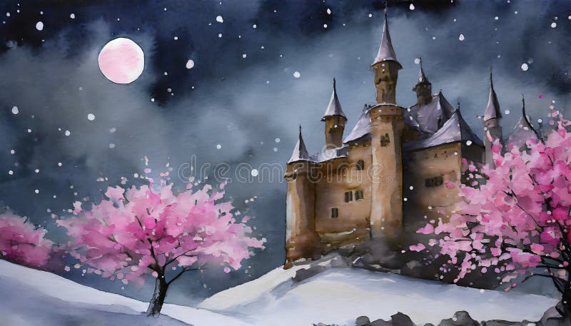 castle with flowering trees at full moon suitable as background or cover. castle with flowering trees at full moon suitable as background or cover