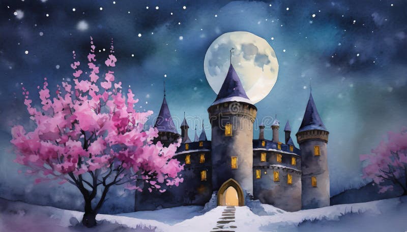 castle with flowering trees at full moon suitable as background or cover. castle with flowering trees at full moon suitable as background or cover