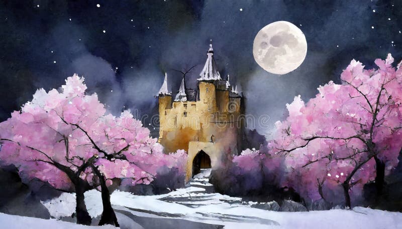 castle with flowering trees at full moon suitable as background or cover. castle with flowering trees at full moon suitable as background or cover