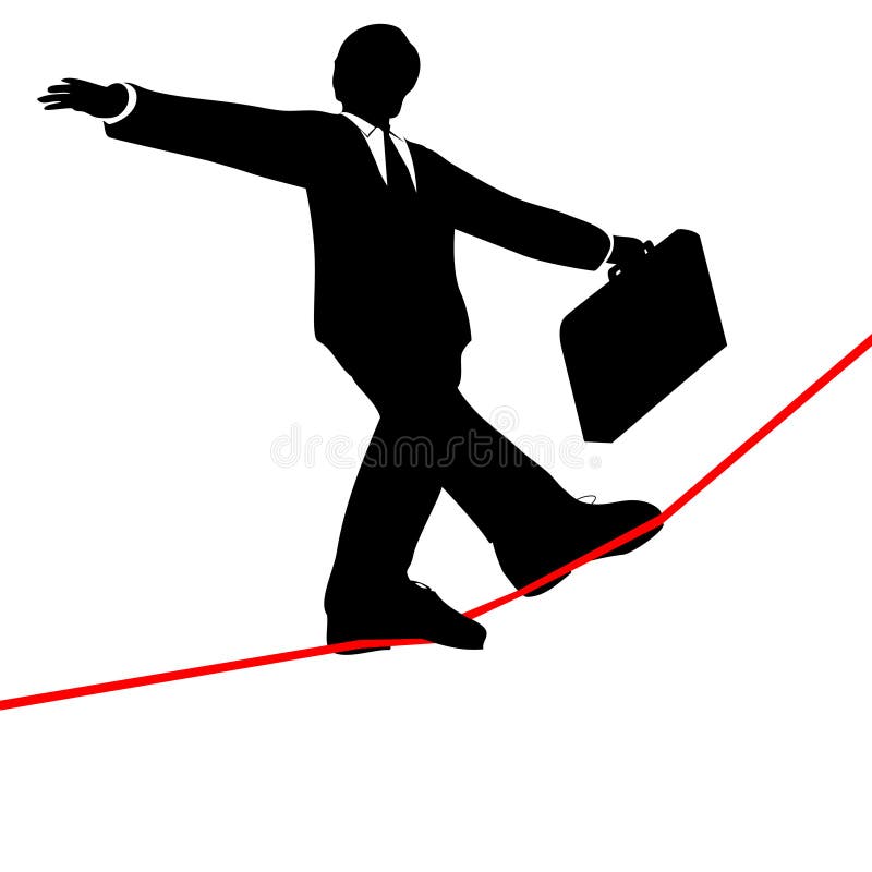 A business man balances with a briefcase, walks a high wire tightrope, above risk and danger, view from below. A business man balances with a briefcase, walks a high wire tightrope, above risk and danger, view from below.