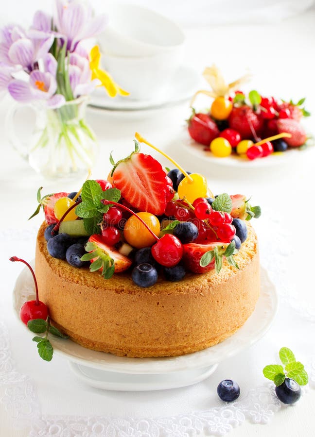 Chiffon cake with summer berries and cream. Chiffon cake with summer berries and cream.