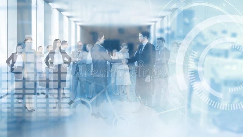 κίνηση επεξεργασίας δεδομένων πάνω από τον επιχειρηματία και την επιχειρηματία να κάνουν χειραψία απόθεμα βίντεο