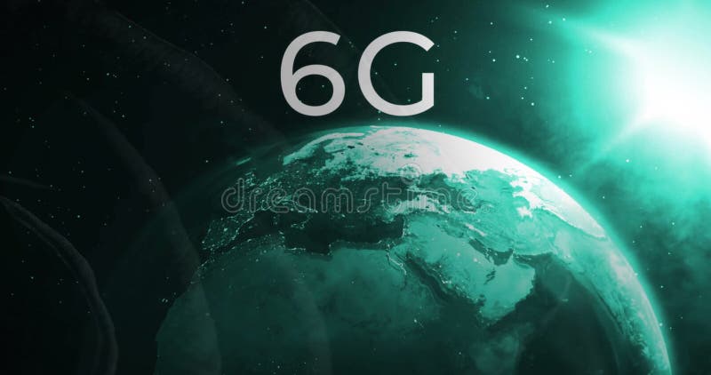 Κίνηση κειμένου 6G πάνω από την περιστροφή της Γης με λαμπερό πράσινο φως ελεύθερη απεικόνιση δικαιώματος