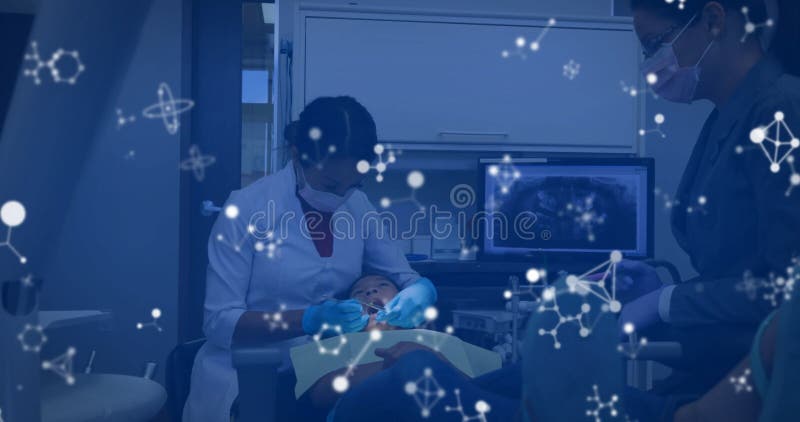 Κίνηση μορίων πάνω από άνδρες και γυναίκες οδοντίατρους και κορίτσια ασθενείς φιλμ μικρού μήκους