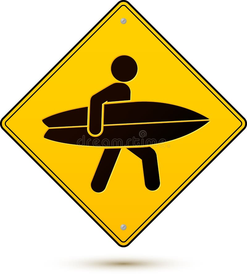 Κίτρινο και μαύρο σημάδι προσοχής με το surfer απεικόνιση αποθεμάτων
