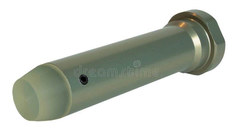 Yellow tint to the metal body and polymer tip on an AR-15 buffer weight isolated in a studio shot. Yellow tint to the metal body and polymer tip on an AR-15 buffer weight isolated in a studio shot