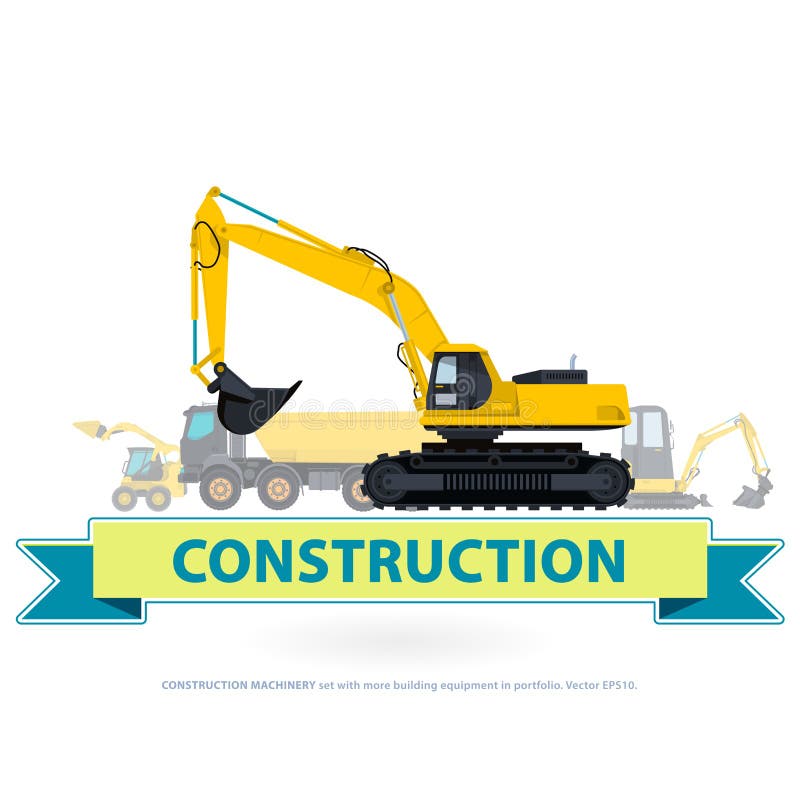 Construction machinery yellow set. Ground works with sign. Machine vehicles, excavator. Building equipment digger, bagger, truck. Heavy pavement foundation. Master vector illustration. Symbol brand. Construction machinery yellow set. Ground works with sign. Machine vehicles, excavator. Building equipment digger, bagger, truck. Heavy pavement foundation. Master vector illustration. Symbol brand.