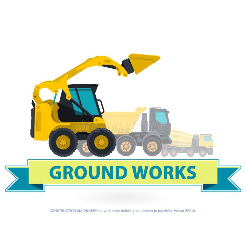 Construction machinery yellow set. Ground works with sign. Machine vehicles, excavator. Building equipment digger, bagger, truck. Heavy pavement foundation. Master vector illustration. Symbol brand. Construction machinery yellow set. Ground works with sign. Machine vehicles, excavator. Building equipment digger, bagger, truck. Heavy pavement foundation. Master vector illustration. Symbol brand.