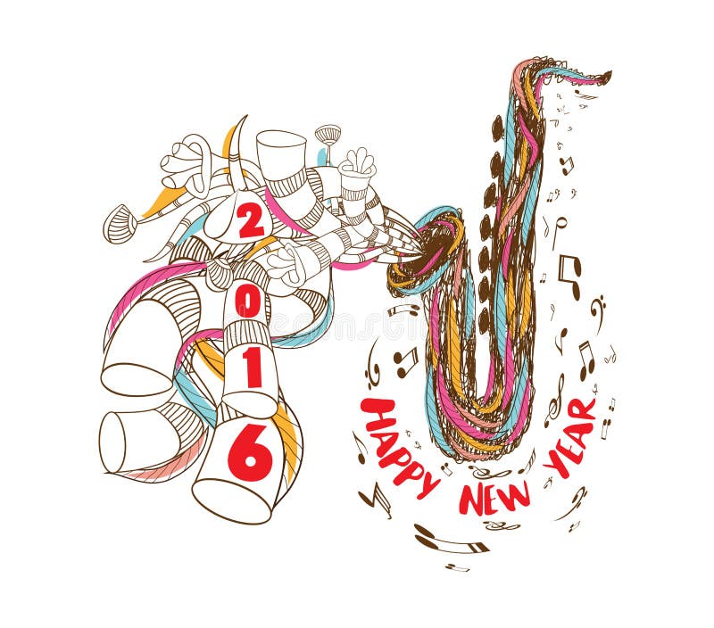 Καλή χρονιά 2016 μουσικό με την τέχνη της Jazz Saxophone doodle ελεύθερη απεικόνιση δικαιώματος Καλή χρονιά 2016 μουσικό με την τέχνη της Jazz Saxophone doodle ελεύθερη απεικόνιση δικαιώματος