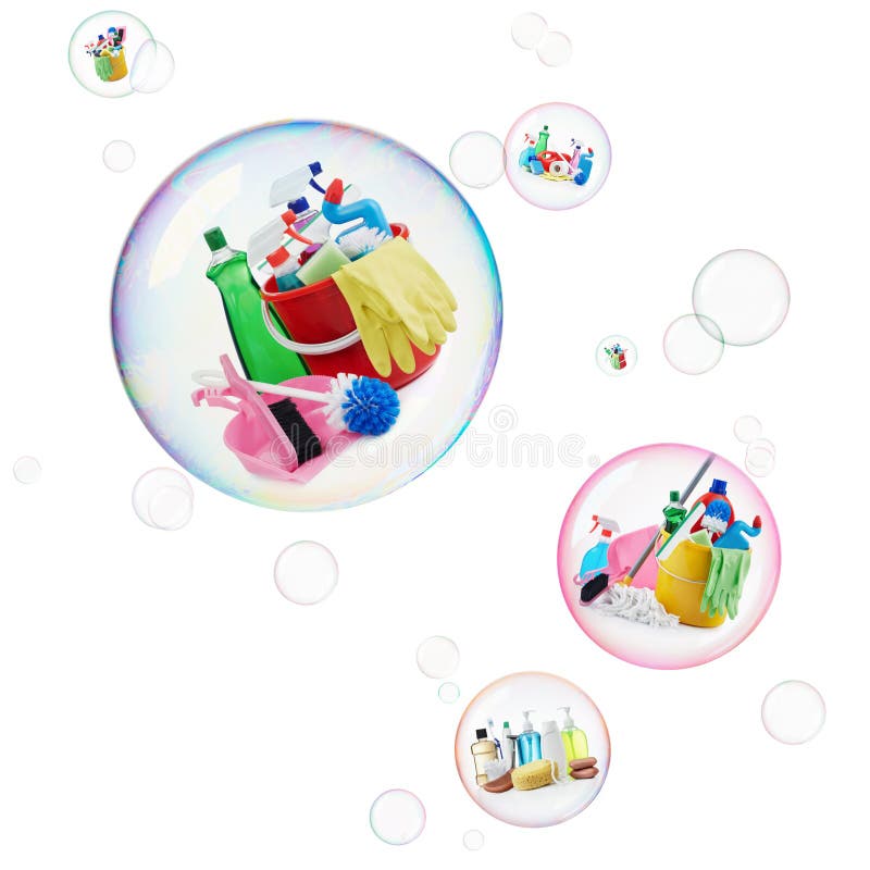 Variety of cleaning products and toiletries inside bubbles. Variety of cleaning products and toiletries inside bubbles