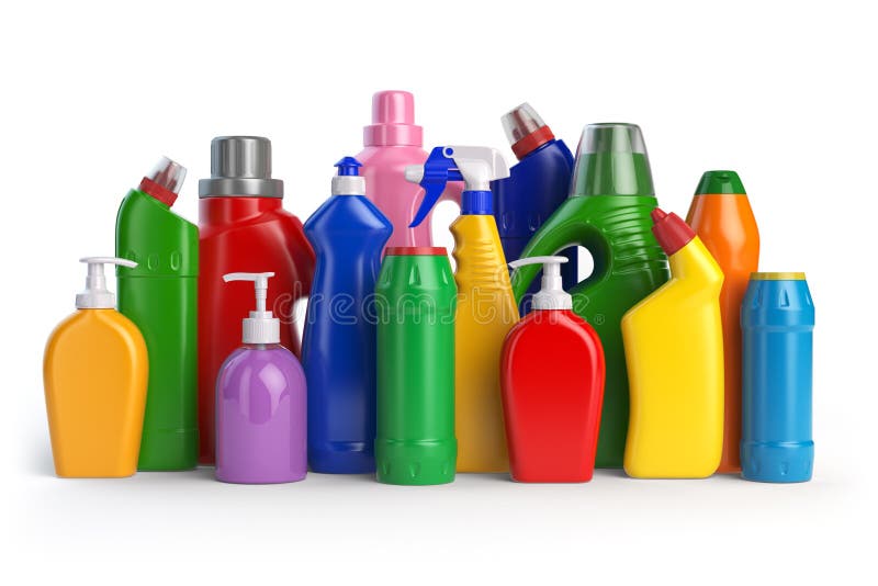 Detergent bottles or contaners. Cleaning supplies on white background. 3d illustration. Detergent bottles or contaners. Cleaning supplies on white background. 3d illustration