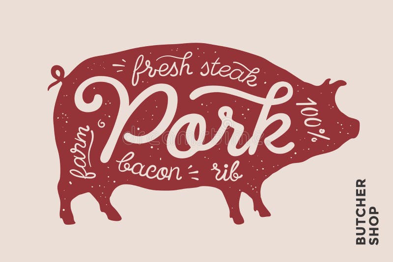 Trendy illustration with red pig silhouette and words Pork, fresh, steak, bacon, farm, rib. Creative graphic design for butcher shop, farmer market. Poster for meat related theme. Vector Illustration. Trendy illustration with red pig silhouette and words Pork, fresh, steak, bacon, farm, rib. Creative graphic design for butcher shop, farmer market. Poster for meat related theme. Vector Illustration