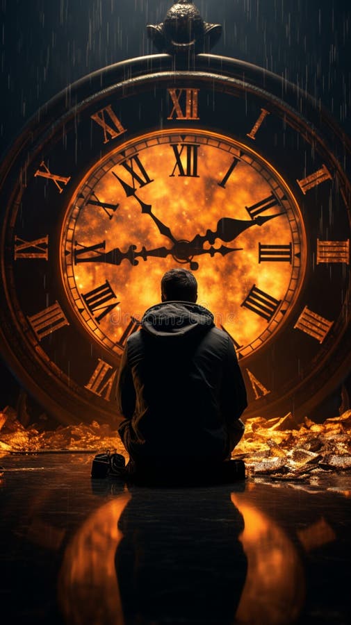καθισμένος πριν από το ρολόι συγκομιδής, ο άνθρωπος συμμετέχει σε μια ανακλαστική συνάντηση με το χρόνο. ελεύθερη απεικόνιση δικαιώματος