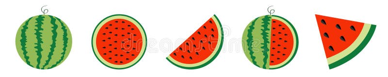 Watermelon icon set line. Whole ripe green stem. Slice cut half seeds. Triangle. Green Red round fruit berry flesh peel. Healthy food. Sweet water melon. Tropical fruits. White background. Vector. Watermelon icon set line. Whole ripe green stem. Slice cut half seeds. Triangle. Green Red round fruit berry flesh peel. Healthy food. Sweet water melon. Tropical fruits. White background. Vector