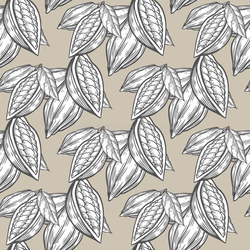 Cocoa, cacao beans hand drawn sketch seamless vector pattern. For templates, web, design, invitations, banners. Beige background. Cocoa, cacao beans hand drawn sketch seamless vector pattern. For templates, web, design, invitations, banners. Beige background