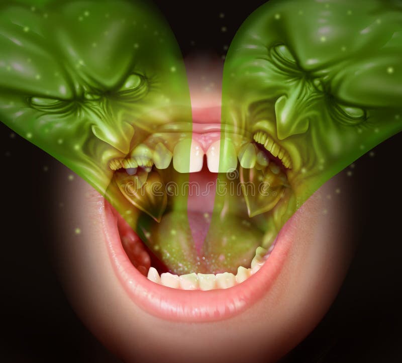 Bad breath as garlic smell from inside a human mouth as a health concept of an offensive foul odour caused by smoking or eating with a green gas shaped as evil faces over an open human mouth. Bad breath as garlic smell from inside a human mouth as a health concept of an offensive foul odour caused by smoking or eating with a green gas shaped as evil faces over an open human mouth.